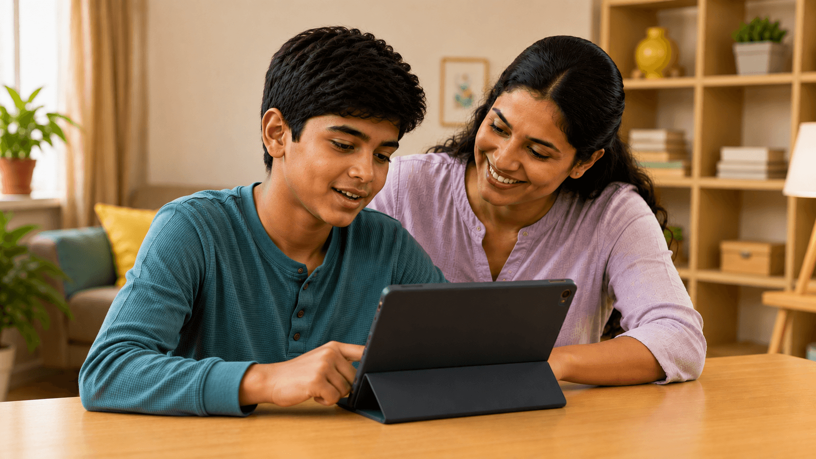 A parent and teenager practising together on a tablet